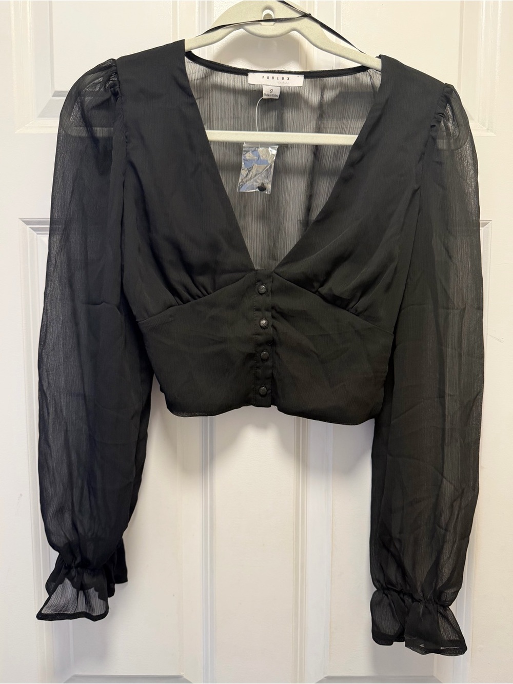 Black Sheer Long-Sleeve V-Neck Cropped Blouse